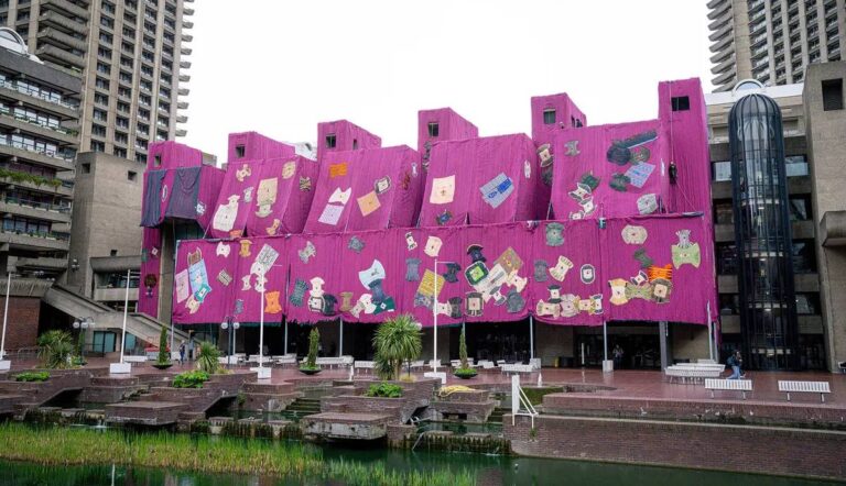 Ibrahim Mahama’s ‘Purple Hibiscus’ Adorning Barbican Centre’s Lakeside Façade, Unveiled.